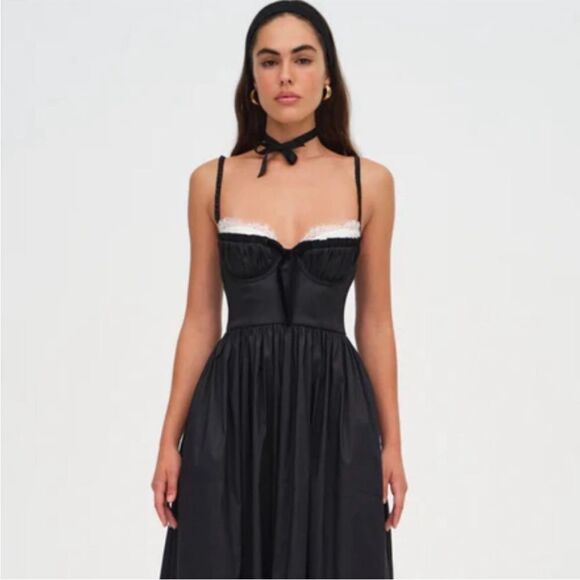 For Love And Lemons Doris Taffeta Midi Corset Dress Black White Lace Medium NWT - Picture 2 of 16
